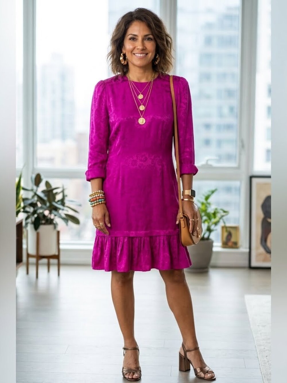 Vintage Maggie London Hot Pink Silk Long Sleeved Midi Dress